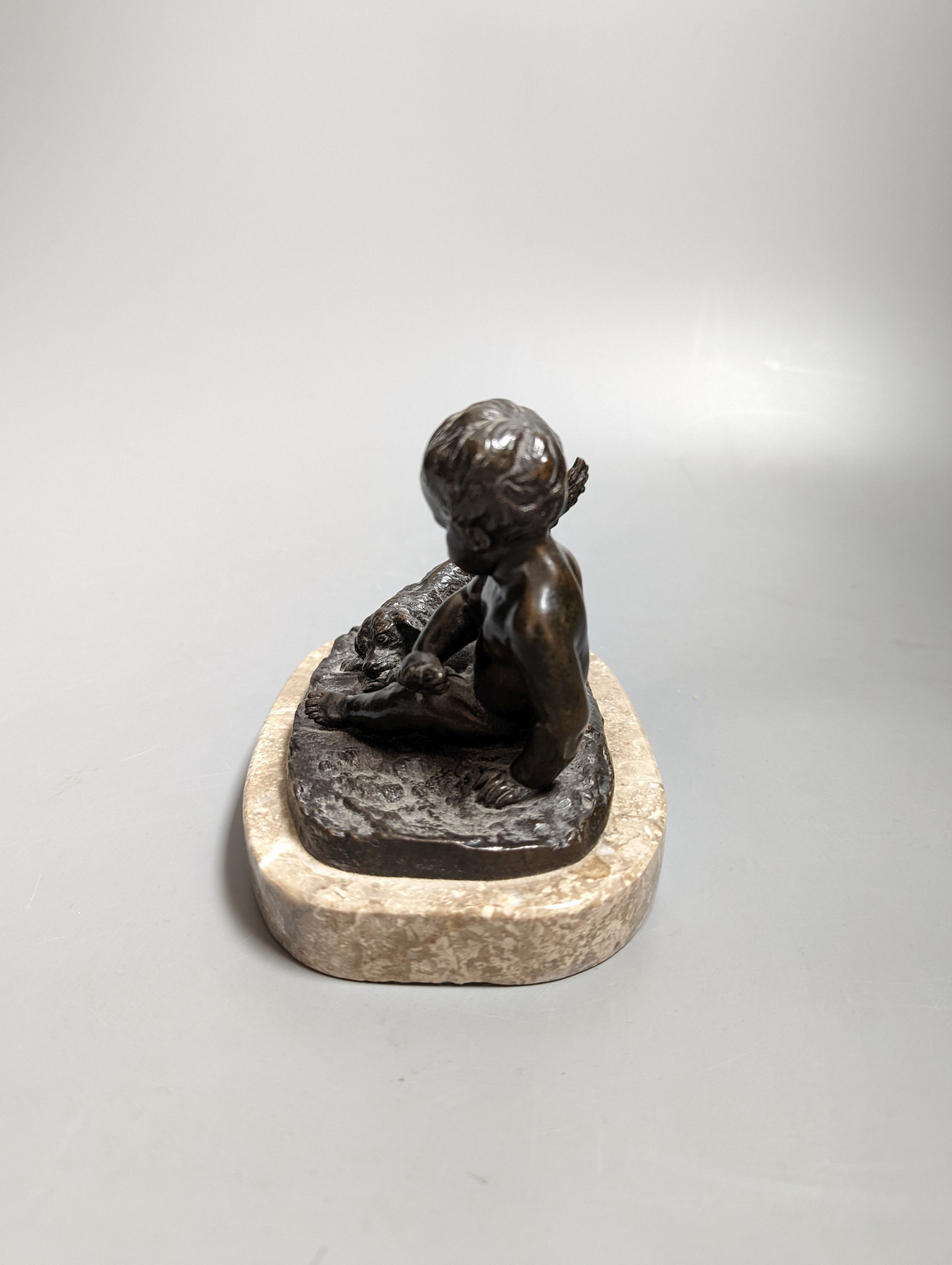 De Braux - bronze group on marble plinth, young boy with playful dog, 15 cms at base wide